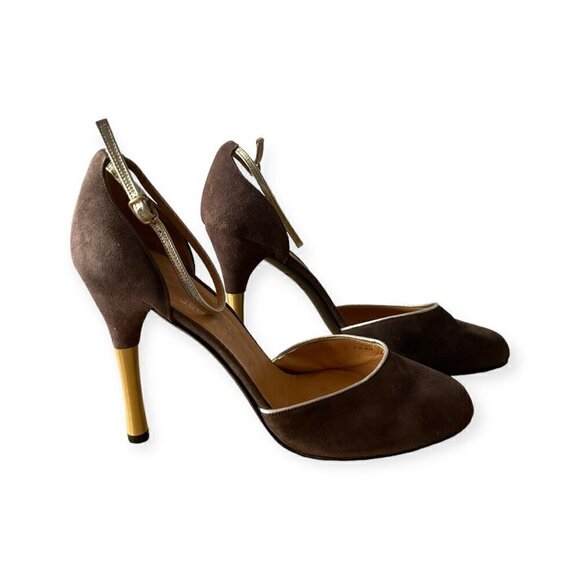 Charles Jourdan Brown Suede Ankle Strap Pumps With Gold Metal Heel, Size 8 1/2 - Picture 6 of 15